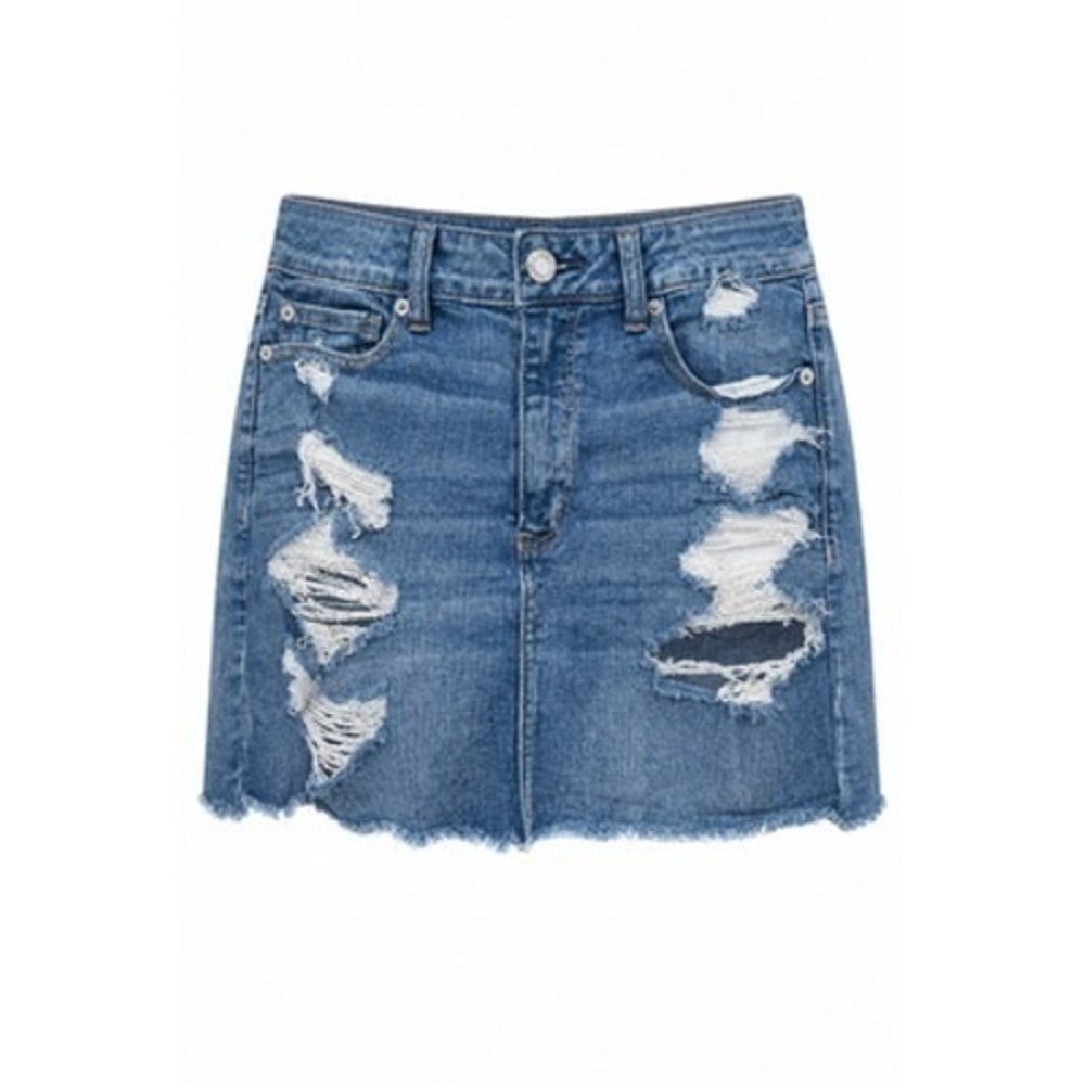 American Eagle Outfitters Skirt Women 12 Blue Denim Distressed Frayed Hem Mini